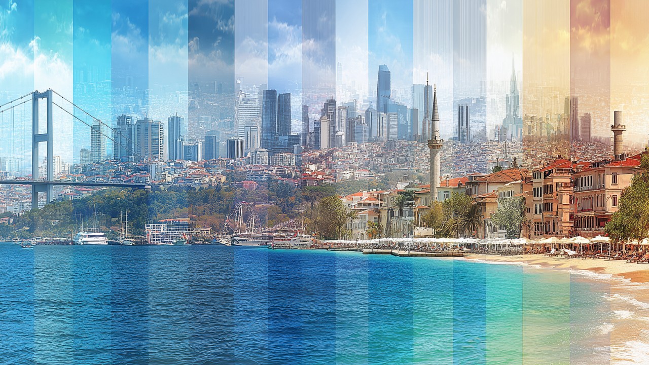 Vibrant cityscape collage of Istanbul's skyline with Bosphorus Bridge, Antalya's Mediterranean beaches, and Izmir's modern architecture on a sunny day.