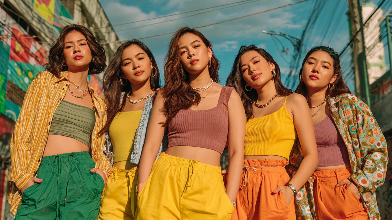 Vibrant photo of diverse Filipino young adults in fashionable outfits highlighting body curves, urban outdoor setting, social media influence vibes