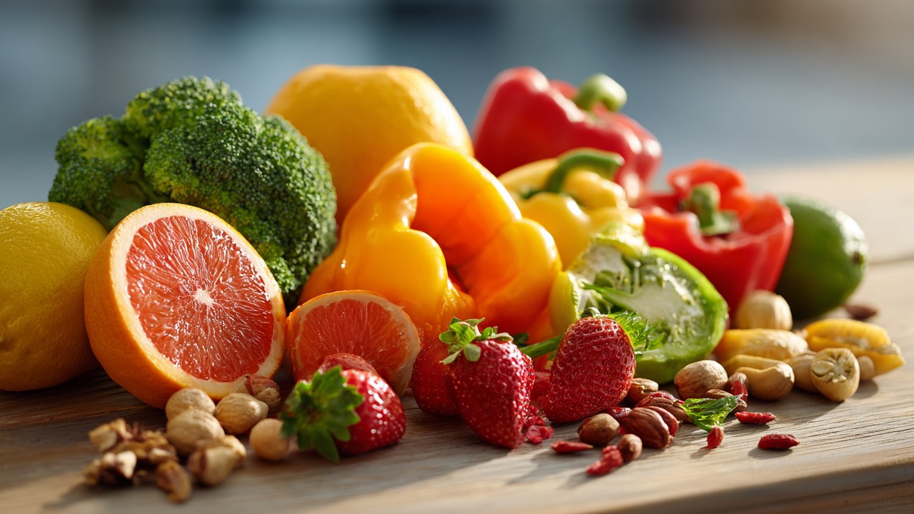 Vibrant still life of fresh fruits and vegetables rich in vitamin C and zinc, including citrus, strawberries, bell peppers, broccoli, nuts, and seeds on a wooden table.
