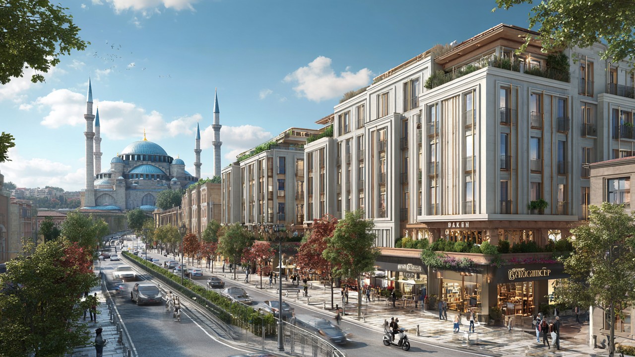 Vibrant street view of Istanbul with a modern hair transplant clinic, bustling city life, highlighting medical tourism and advanced healthcare services.