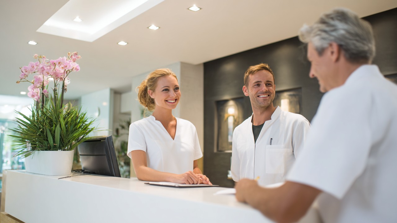 Welcoming reception area of a modern hair transplant clinic with friendly staff greeting a patient, bright, clean, and professional environment.