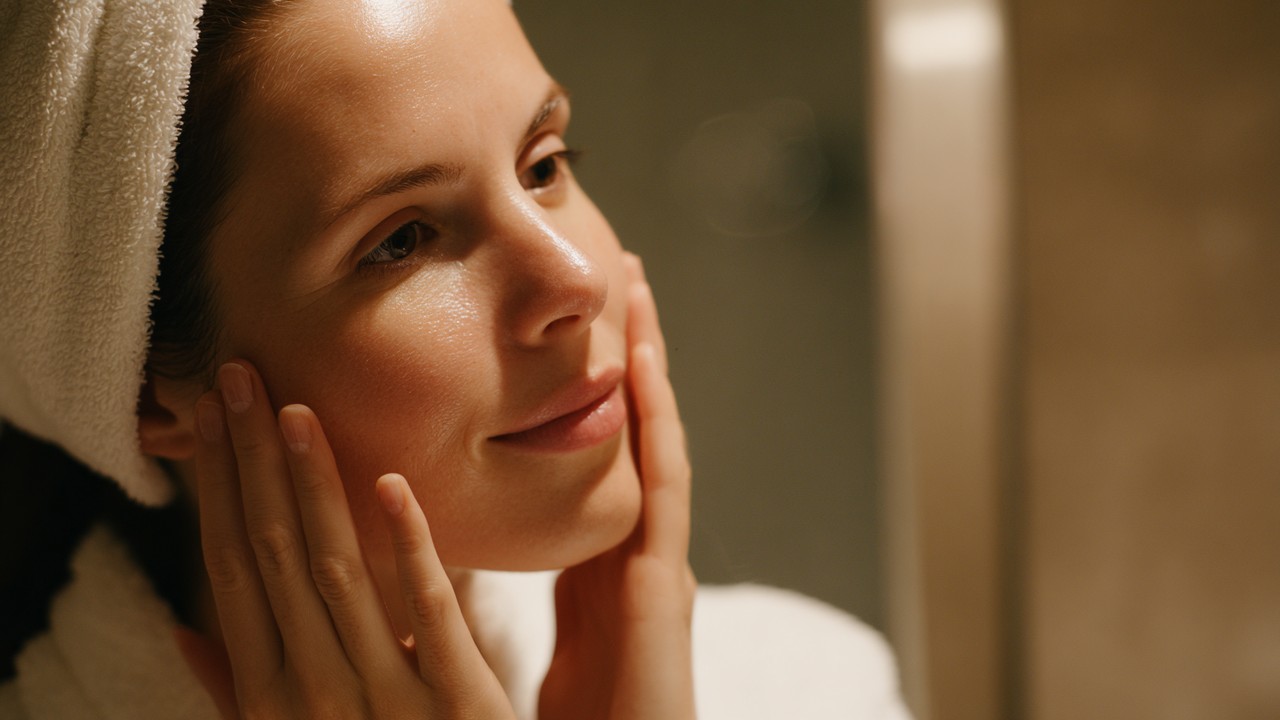 Woman performing gentle facial massage for post-operative care and lymphatic drainage in a softly lit bathroom mirror scene.