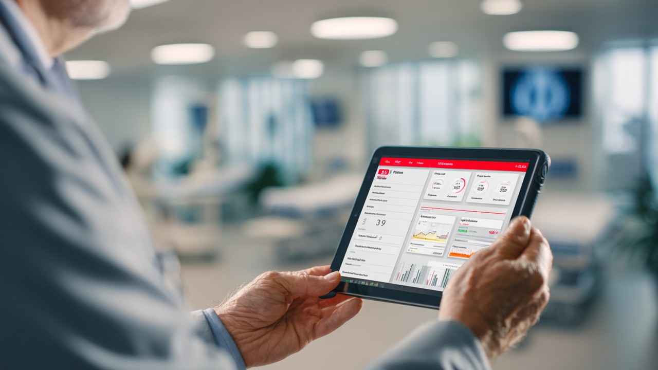Clinician reviewing digital patient record on tablet in bright orthopedic clinic, displaying medical imaging and patient data with advanced digital health technology.
