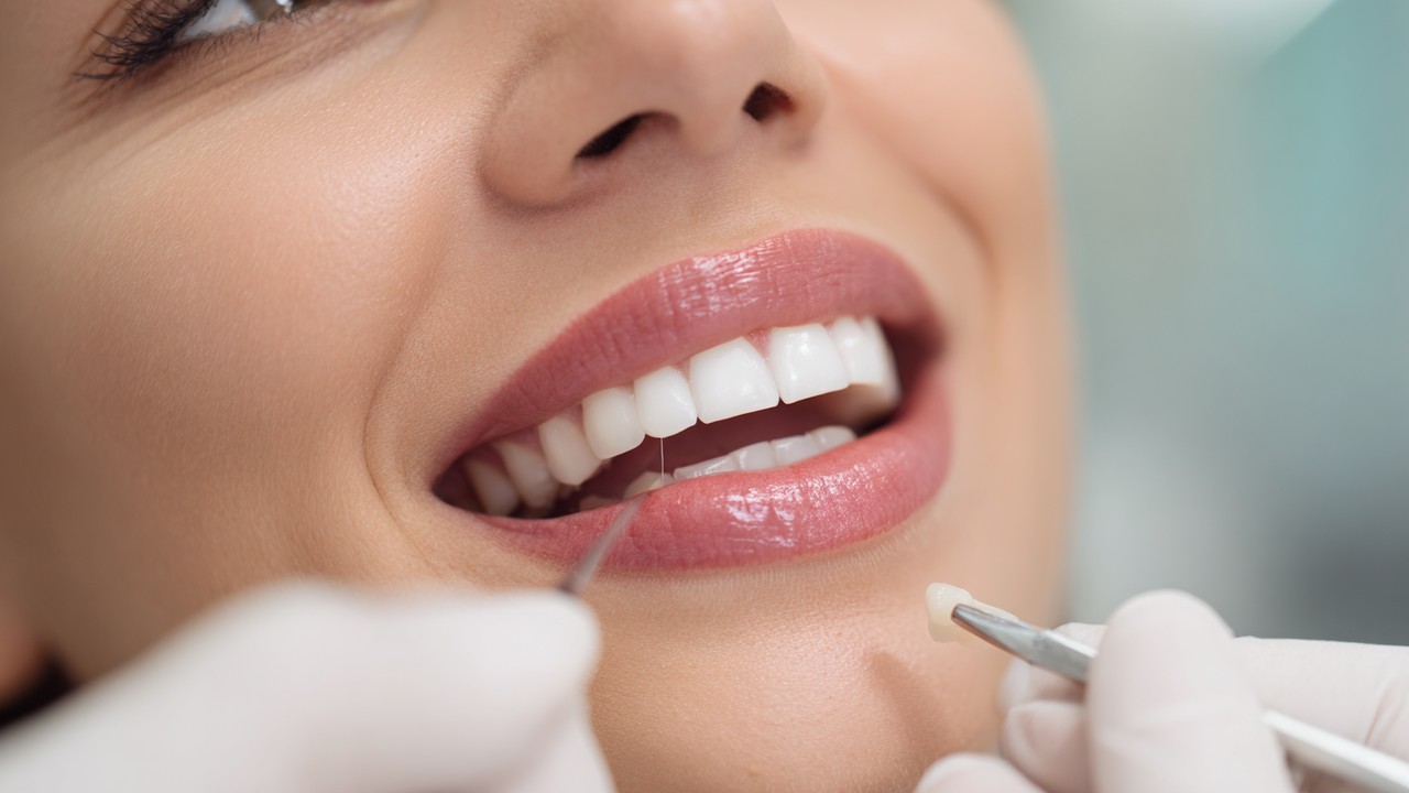 Närbild av tandläkare som placerar tandkronor eller veneers på patient i modern klinik med ljus och ren miljö, fokus på precision.