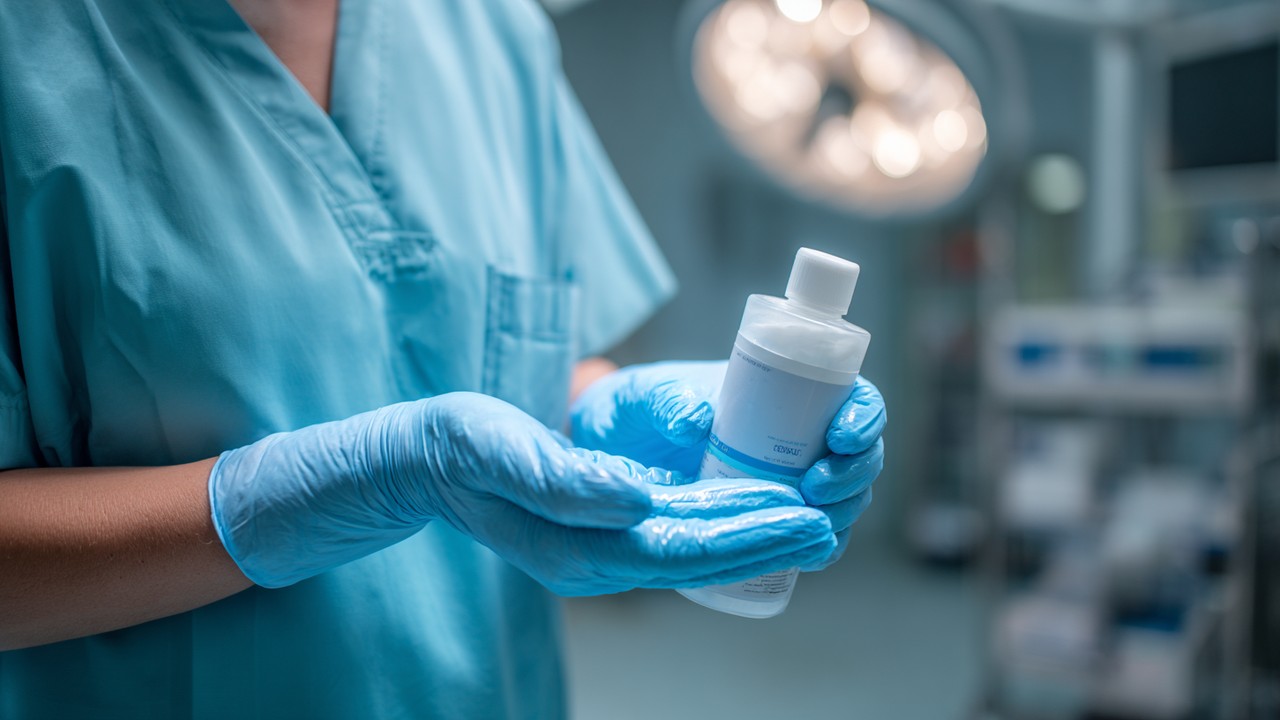 Close-up of a healthcare professional disinfecting hands with alcohol-based sanitizer in an orthopedic surgical setting, emphasizing hygiene and infection prevention.