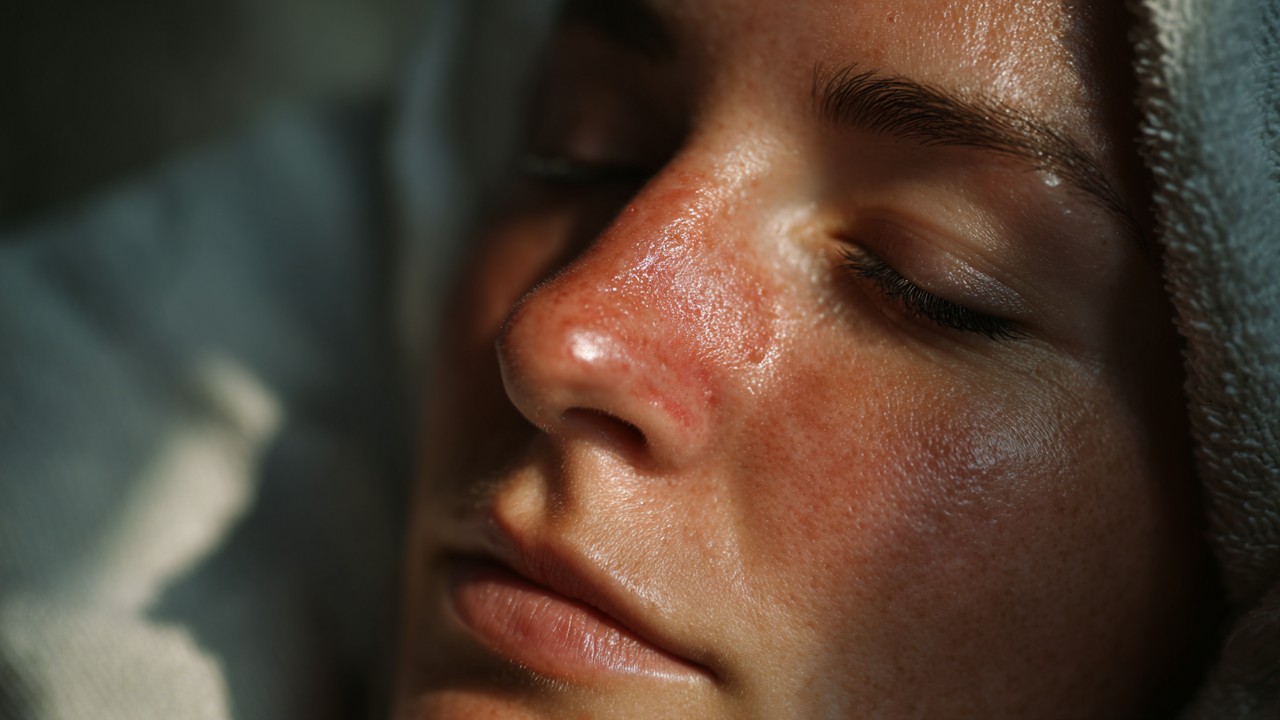 Close-up of a person resting at home with bruised nose and eyes, using cold compresses for healing in a calm, supportive environment.