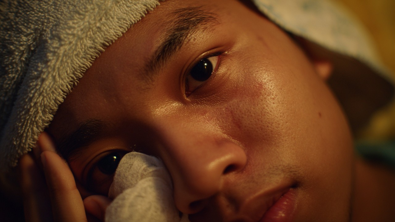 Close-up of a young Filipino patient with facial swelling and bruising around the nose and eyes, using cold compresses for post-operative care at home.
