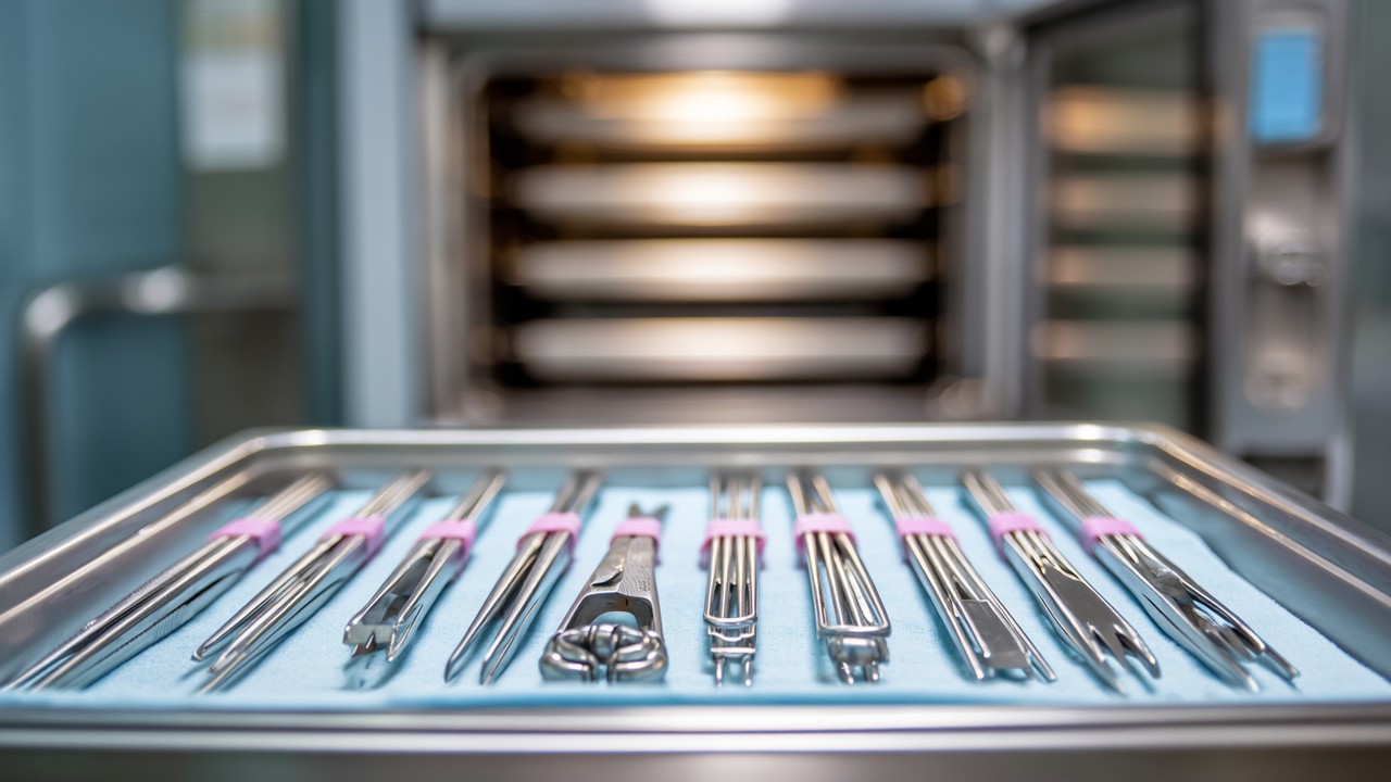 Close-up of sterilized orthopedic surgical instruments arranged in a sterile tray in a hospital sterilization room with an autoclave in the background, emphasizing cleanliness and medical hygiene.