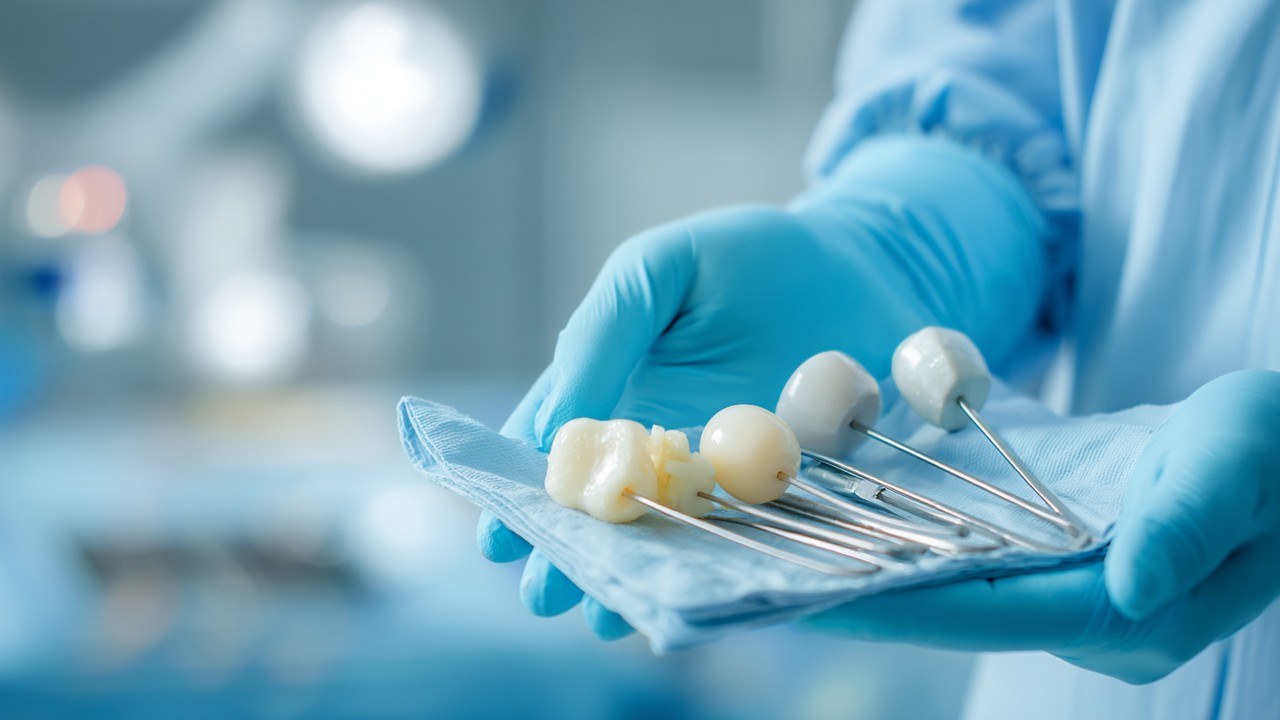 Close-up of surgeon's gloved hands holding hip replacement implants made of metal, ceramic, and polyethylene on a sterile surgical tray in a modern operating room.