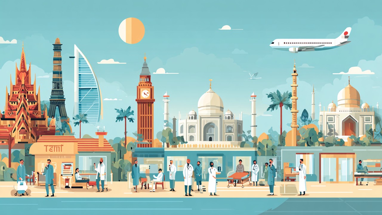 Collage of iconic landmarks and modern hospitals from India, Thailand, Mexico, Turkey, and South Korea showcasing medical tourism destinations with patients and healthcare professionals.