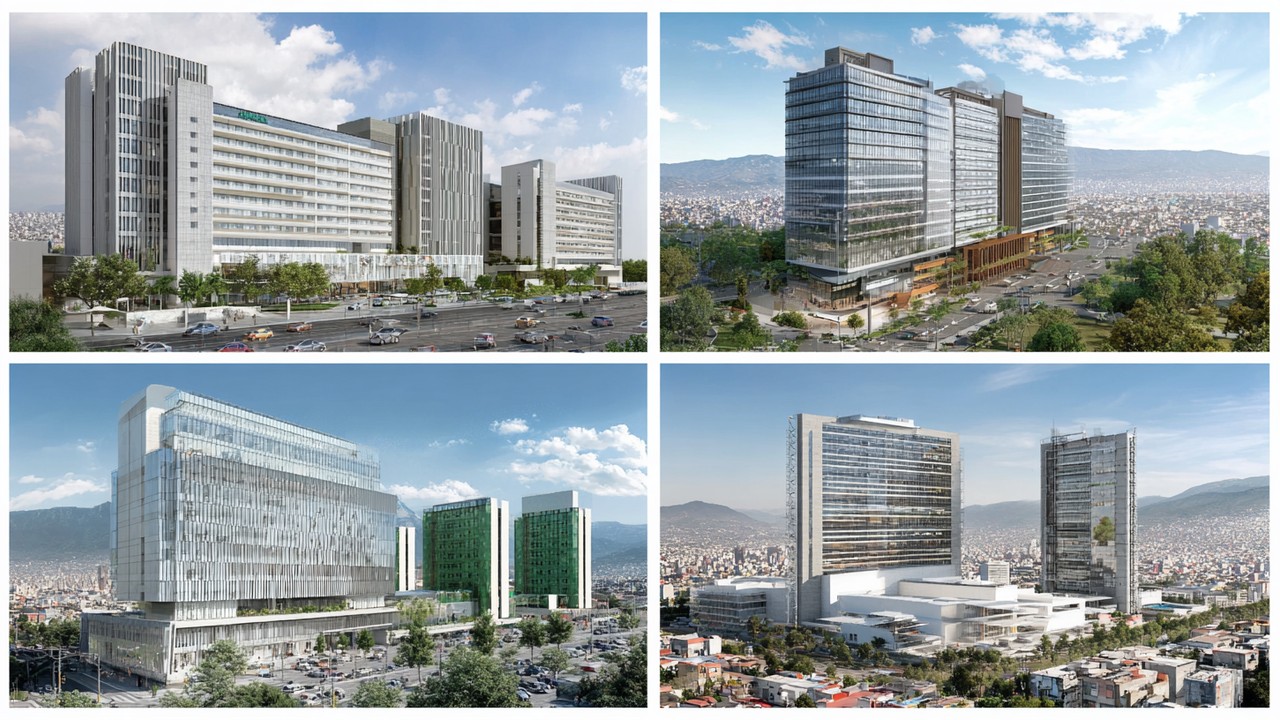 Gambar kolaj rumah sakit utama di Mexico City, Guadalajara, dan Monterrey, menunjukkan pusat perawatan kanker modern dan terawat baik di kota besar.