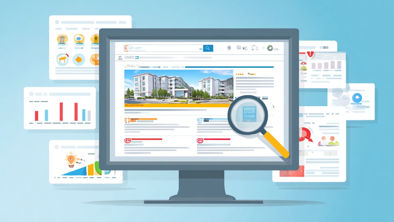 Conceptual image of a search engine results page showing a top-ranking health tourism clinic website, surrounded by digital marketing icons and analytics charts, illustrating SEO success.