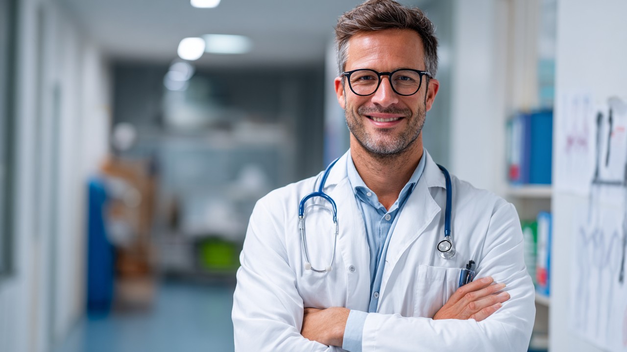 Confident Filipino orthopedic surgeon in white coat with stethoscope in hospital corridor, professional medical environment.