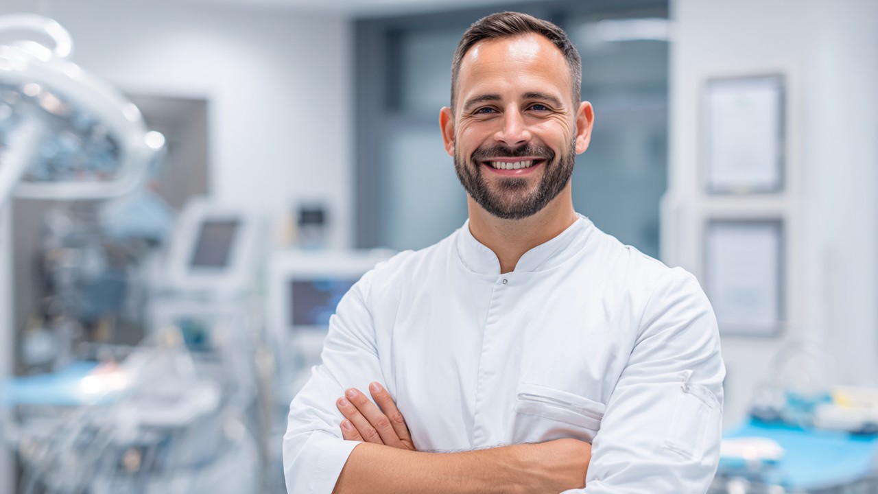 Confident plastic surgeon smiling with arms crossed in modern Czech clinic, showcasing expertise and high-tech medical equipment.