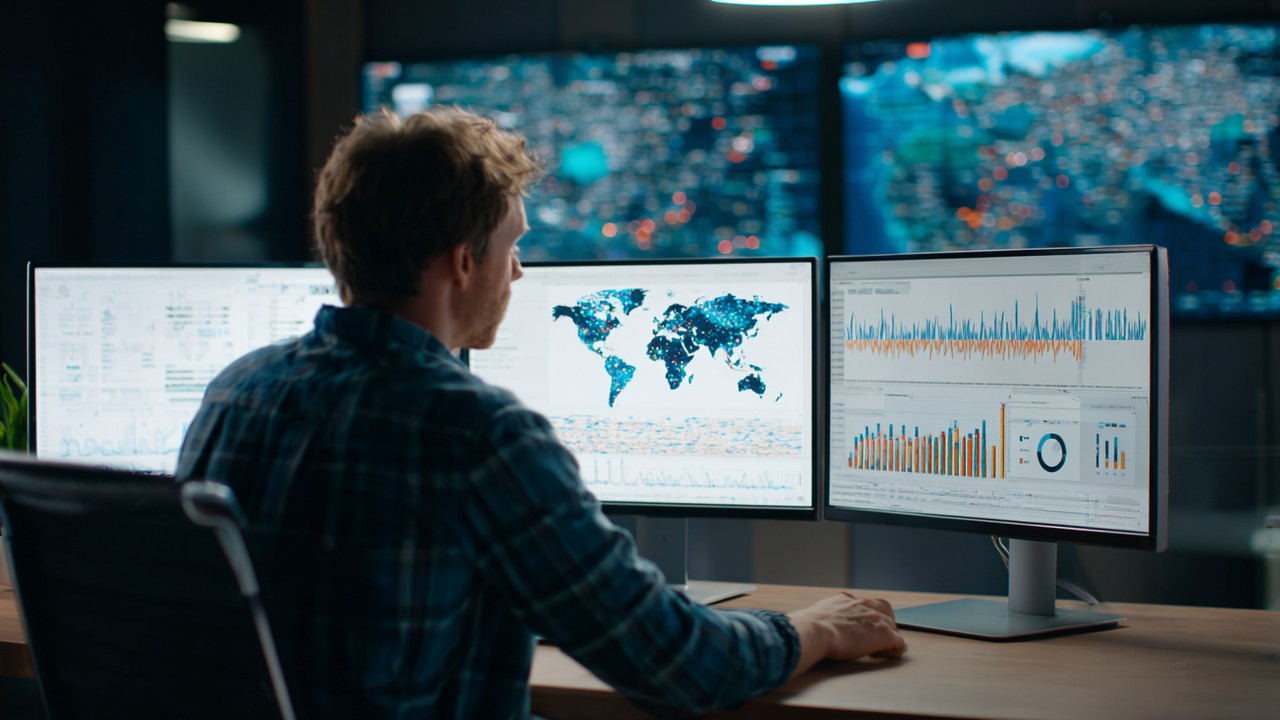 Digital marketing specialist analyzing PPC campaign data on multiple screens with global maps and keyword performance charts in a strategic office environment.