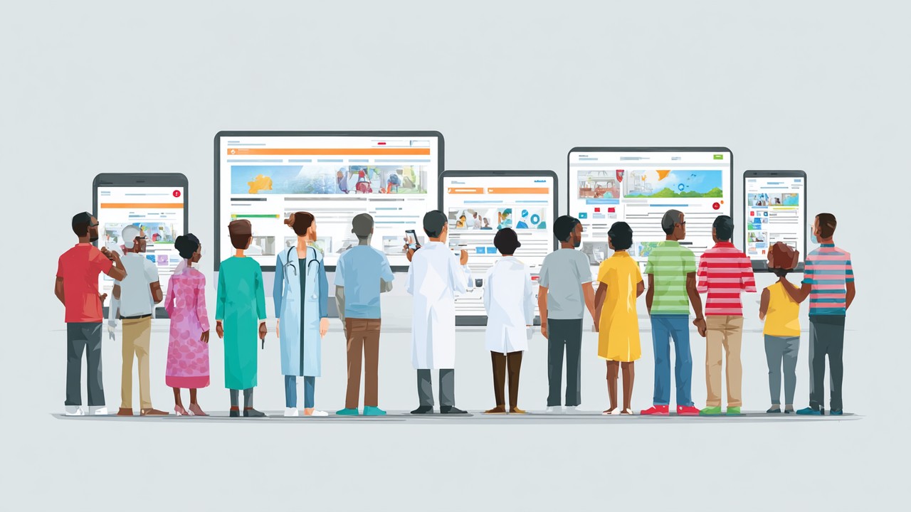Diverse international patients using smartphones, tablets, and laptops to access a health tourism clinic's website, showcasing global accessibility and seamless user experience.