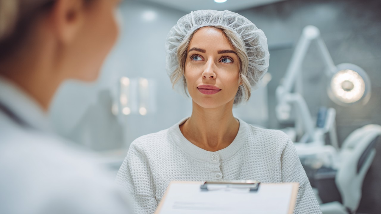 Női páciens konzultál egy modern klinikán, plasztikai sebészével, megbeszélve az előzetes műtéti lépéseket bizalmat és professzionalizmust sugárzó környezetben.