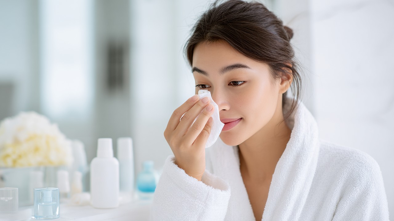Filipino patient carefully applying nasal saline spray for post-operative nasal care in a clean bathroom with ointments and towels.