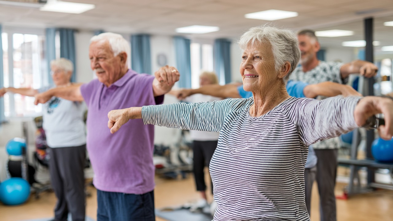 Group Filipino patients performing balance and strength exercises during a physical therapy session in a well-equipped rehabilitation center.