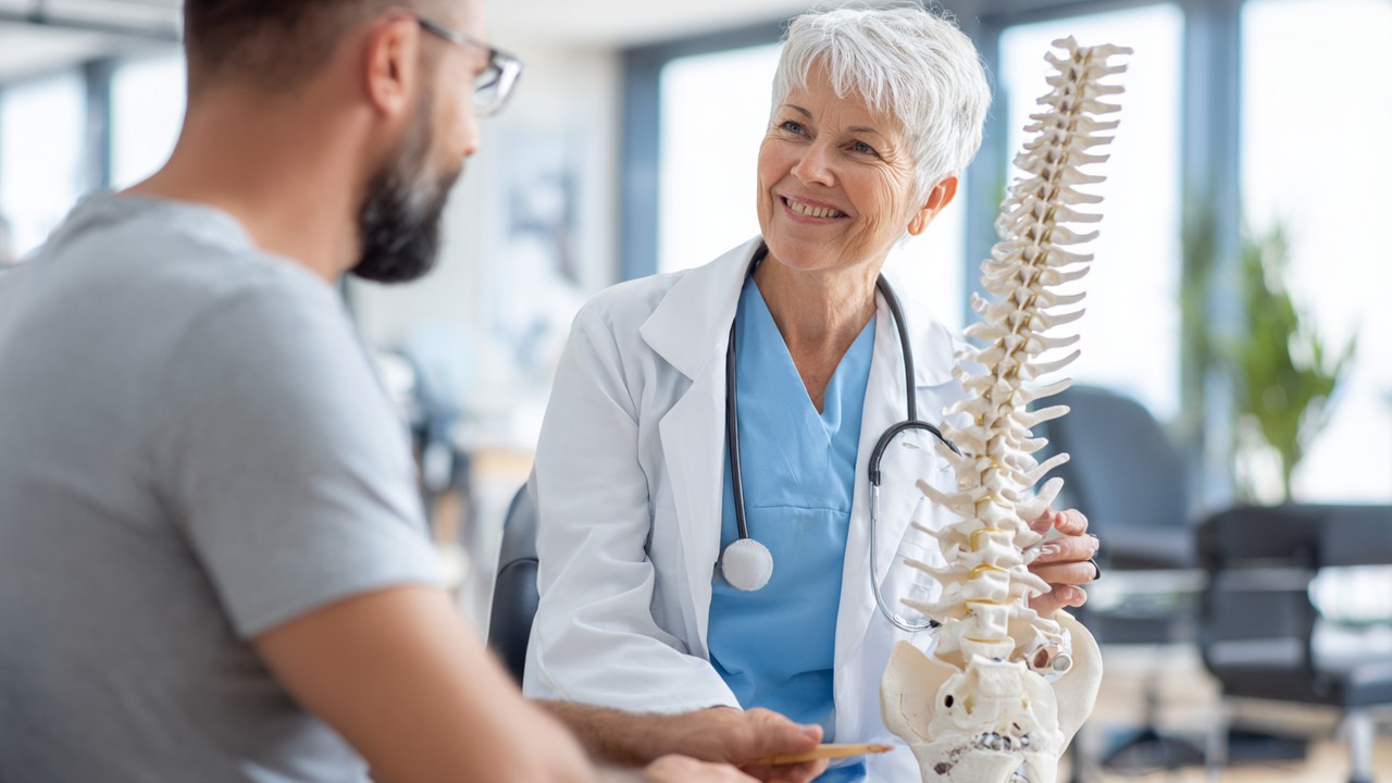 Healthcare professional discussing knee treatment options with patient using anatomical knee model in modern clinic, promoting joint health.