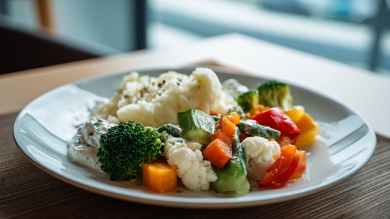 Hälsosam måltid med färgglada, mjuka livsmedel som mashed potatoes, kokta grönsaker och yoghurt på ett bord.