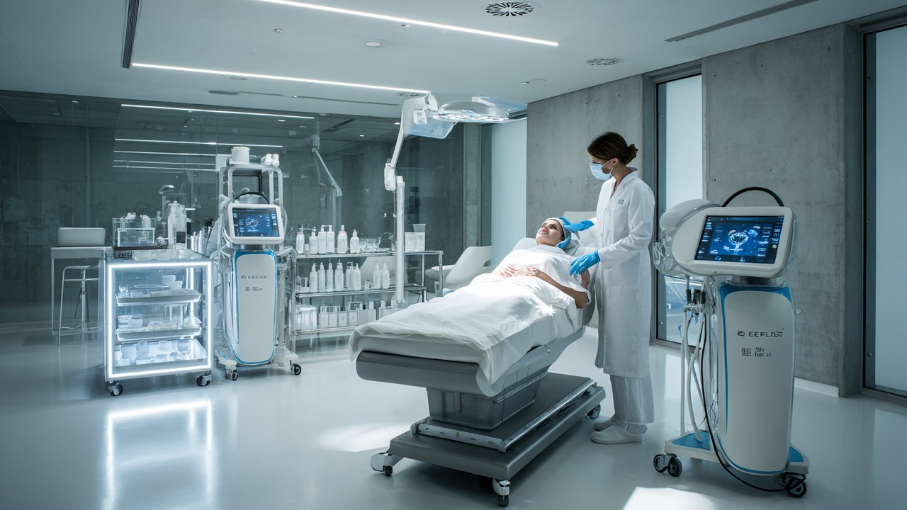 غرفة طبية حديثة مزودة بأجهزة تجميل متقدمة، طبيب يحضر لإجراء تجميلي دقيق في بيئة نظيفة ومعاصرة