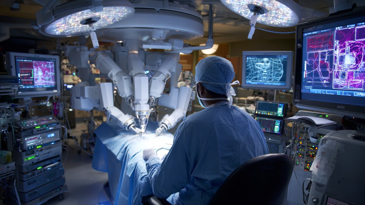 High-tech orthopedic operating room with robotic surgical system, surgeon controlling remotely, surrounded by sterile equipment and monitors.