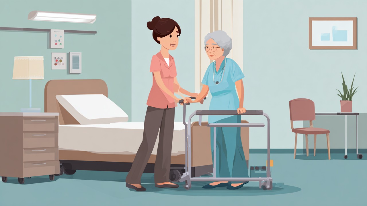 Hospital room for orthopedic patients with non-slip flooring, handrails, assistive devices, and a nurse helping elderly patient safely move, emphasizing fall prevention.