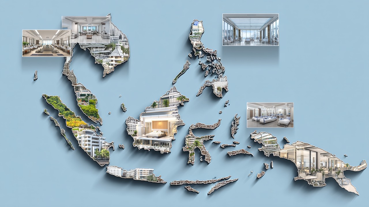Map of Southeast Asia highlighting the Philippines, Malaysia, Thailand, Singapore, and Indonesia with images of modern hospitals and advanced orthopedic care facilities.