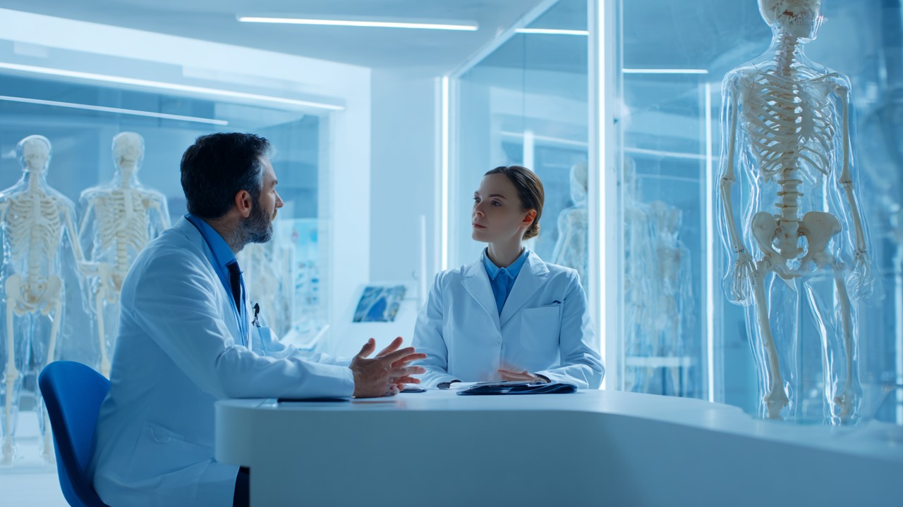 Medical professional discussing body contouring procedure with patient in modern clinic, with anatomical models in background.