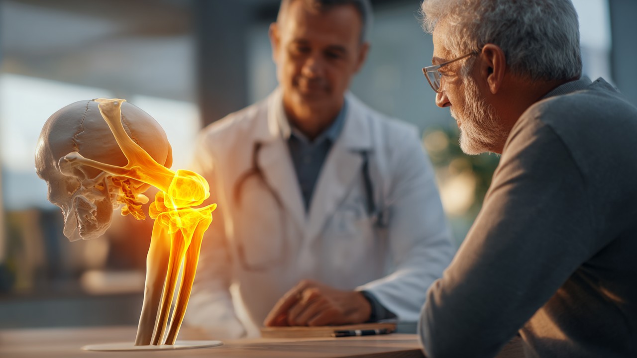 Middle-aged Filipino patient consulting with orthopedic surgeon about hip osteoarthritis, viewing a 3D anatomical model in a clinical setting.