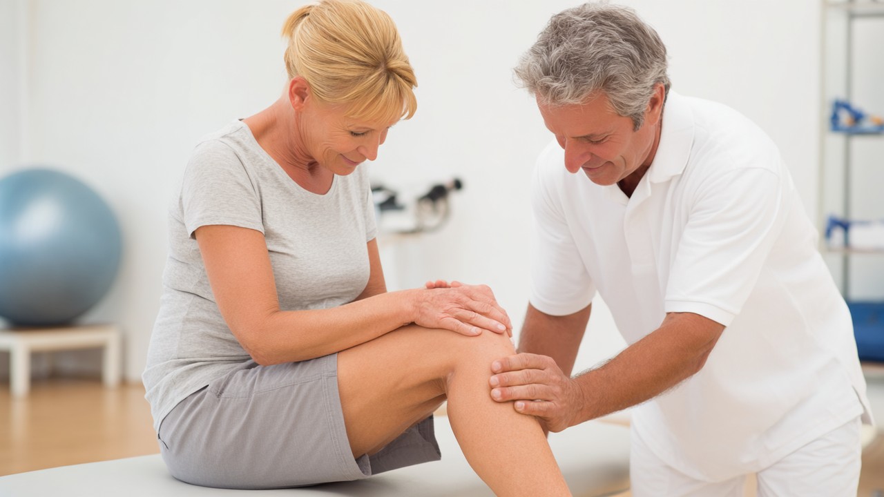 Middle-aged patient performing gentle knee exercises with a physical therapist in a clean rehabilitation center, symbolizing recovery progress.