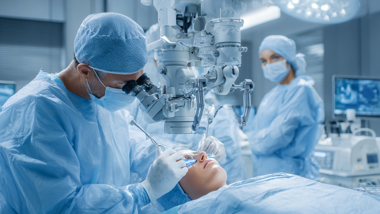Modern Czech clinic treatment room with healthcare professional using microsurgical instruments and 3D imaging during nasal surgery.