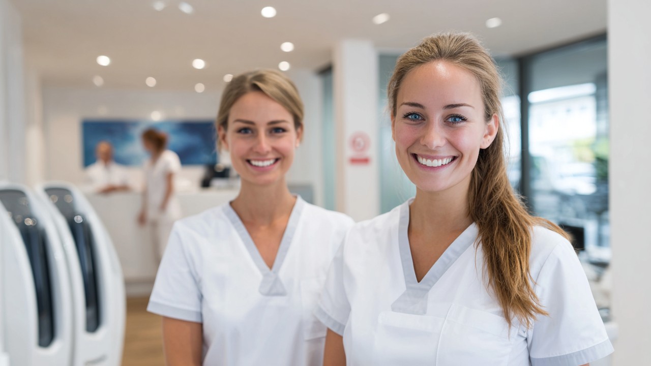 Modern German orthopedic clinic reception with staff in uniforms, medical devices, and bright natural lighting, emphasizing trust and safety.