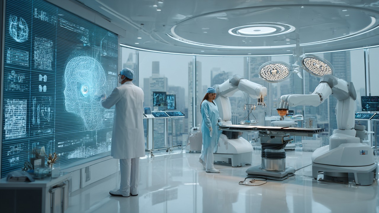 Modern hajbeültetési klinika belső tér, robotizált FUE gépekkel és 3D fejbőr képalkotó eszközökkel, orvos digitális képeket vizsgálva.
