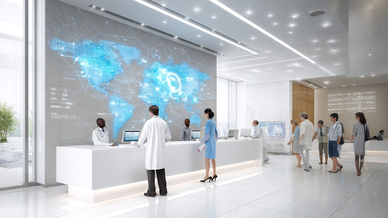 Modern hair transplant clinic reception with diverse patients, doctor consultation, and a digital world map showing global connections in a professional medical environment.
