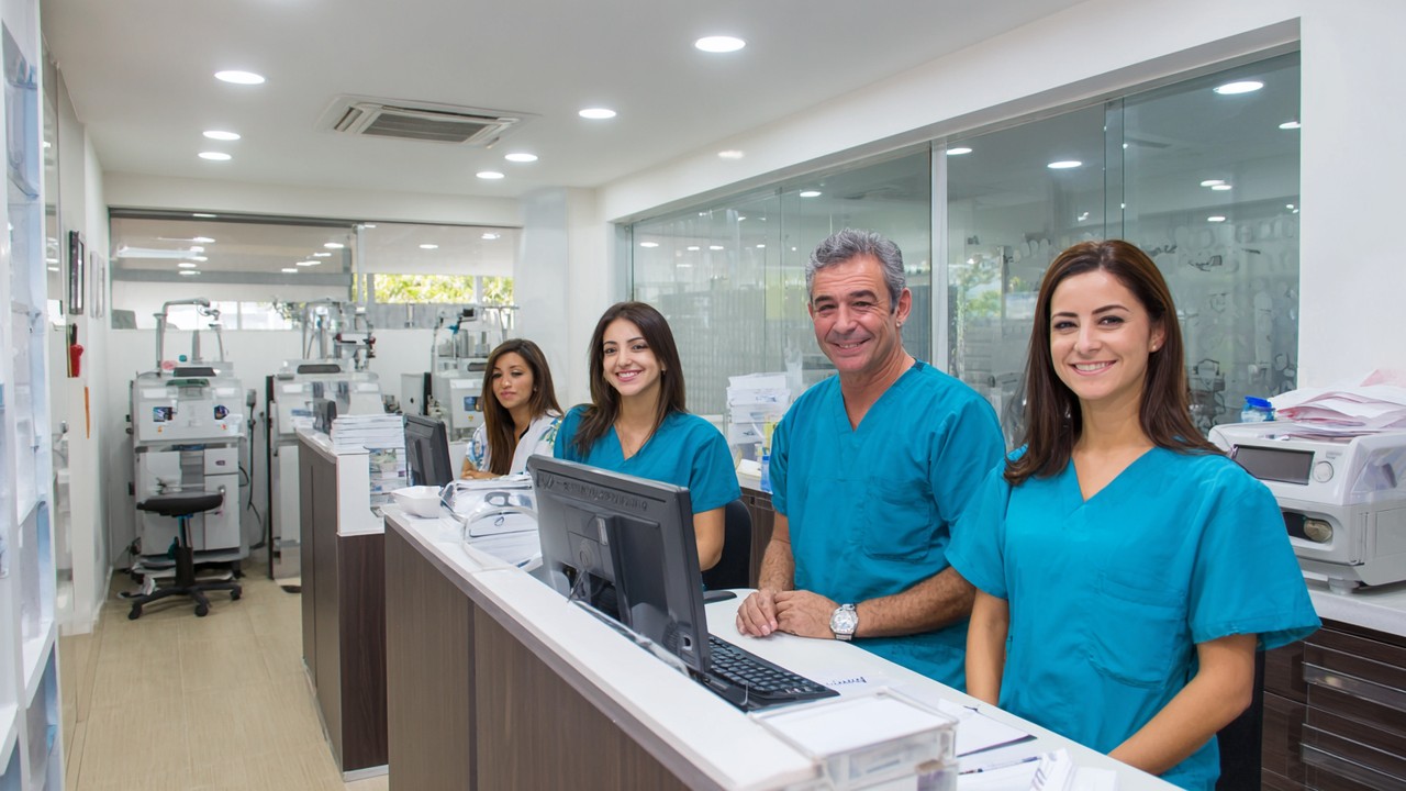 Modern medical clinic reception in Mexico with friendly healthcare professionals, advanced equipment, natural lighting, and a professional, welcoming atmosphere.