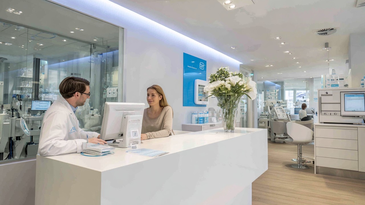 Modern medical clinic reception in Prague with a plastic surgeon consulting a patient, showcasing a clean, professional, and welcoming environment.