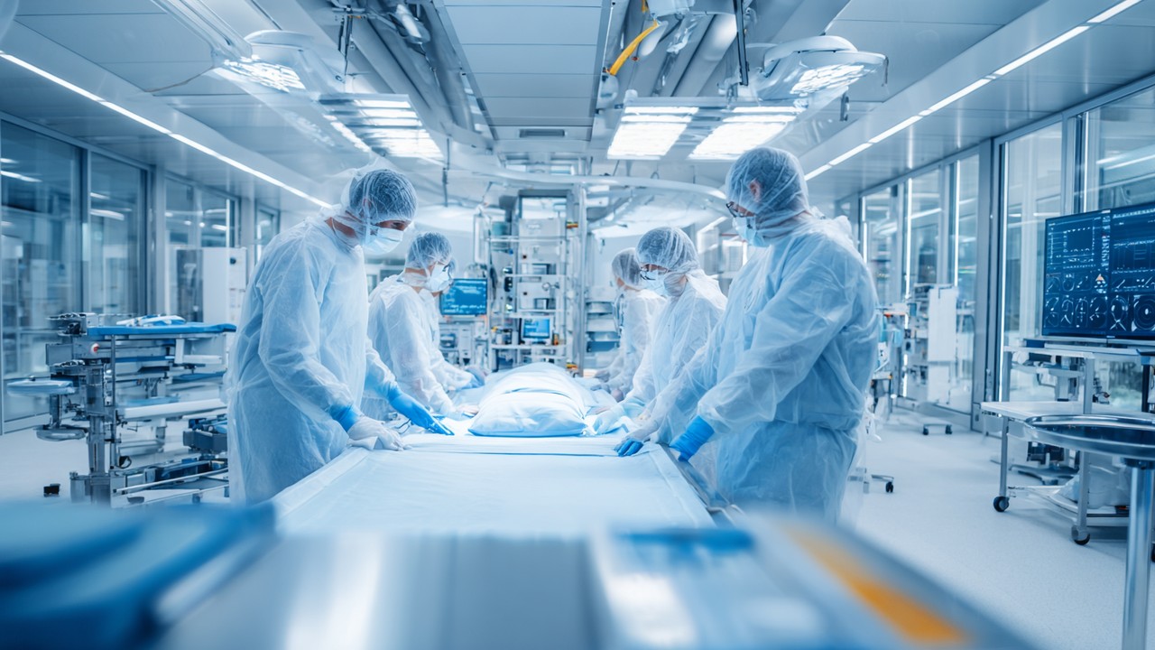 Modern orthopedic medical team preparing for procedure in a high-tech, sterile treatment room at a German healthcare facility.