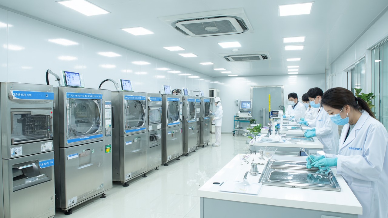韩国医疗中心清洁治疗室,医护人员使用高效灭菌器进行器械消毒,确保安全卫生。