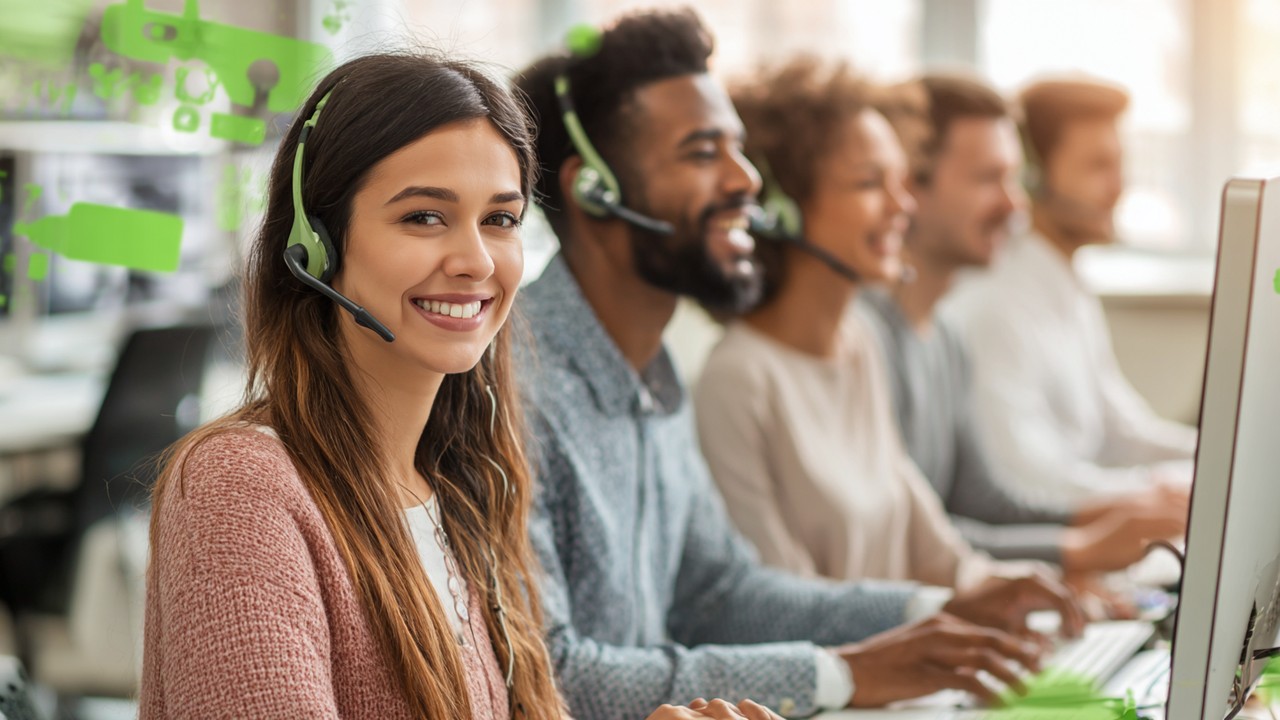 Multilingual customer support team assisting international patients via computers, headsets, chatbots, and digital marketing dashboards in a vibrant office.