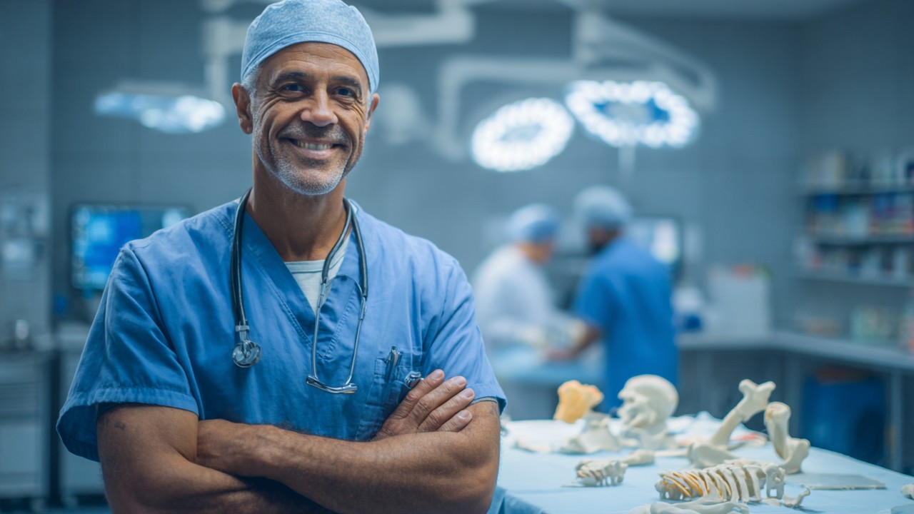 Zkušený ortopedický chirurg s kolegy v nemocnici při přezkoumání modelů kyčelních implantátů a chirurgických plánů, ukazující pokročilou technologii a důvěru v péči o kyčelní náhrady.