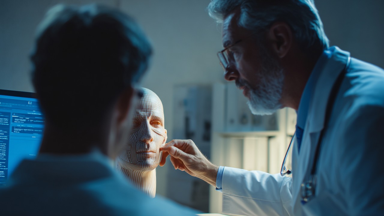 Patient and surgeon discussing facial anatomy with a 3D model in a professional medical consultation room, emphasizing personalized care.