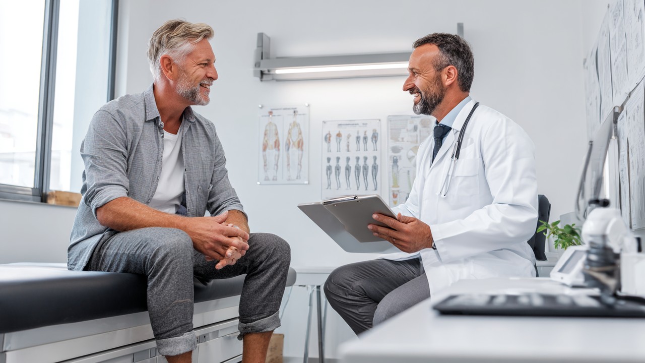 Patient consulting with an orthopedic specialist in a well-lit clinical exam room, reviewing medical charts and digital devices for preoperative assessment.