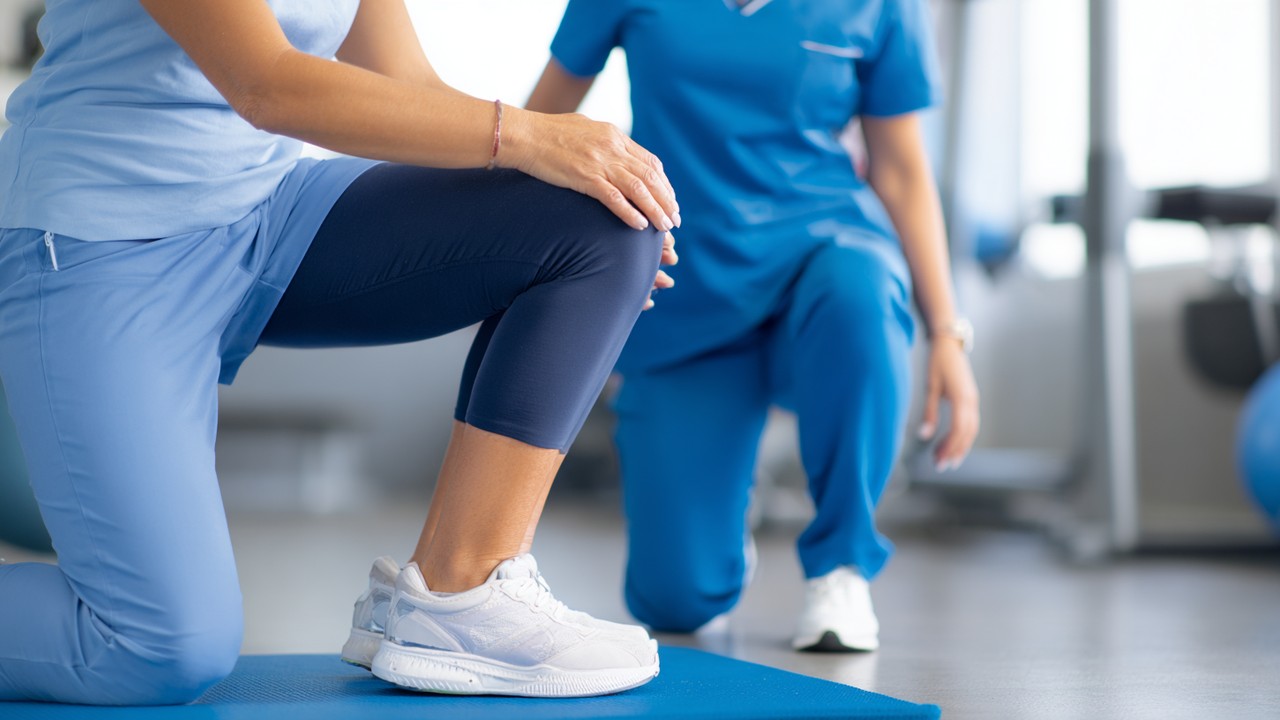 Patient performing gentle knee strengthening exercises, such as mini squats, with physical therapist guidance in a bright rehab gym.
