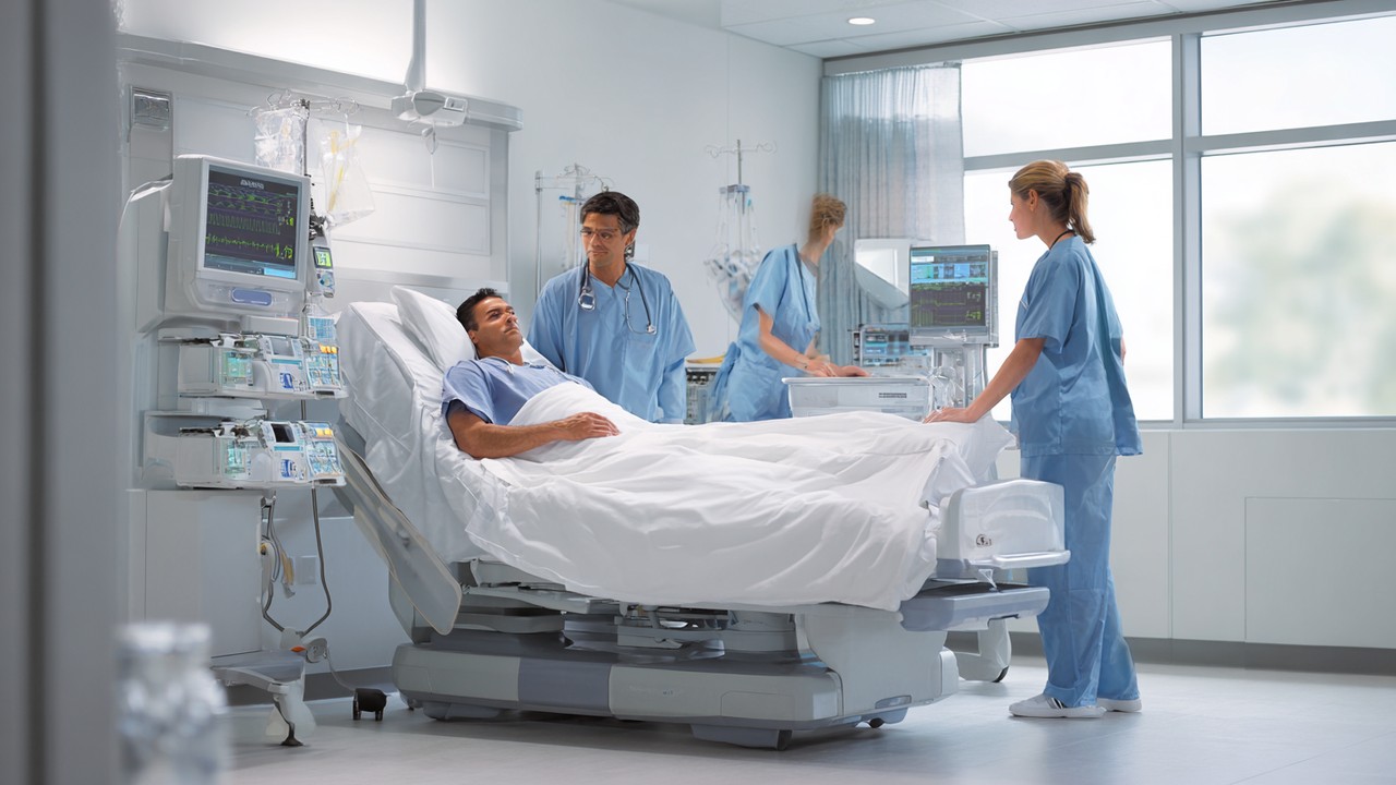 Valósághű, részletes kép egy beteg előkészítéséről műtéti szobában, orvosi személyzettel, nyugodt, tiszta klinikai környezetben.