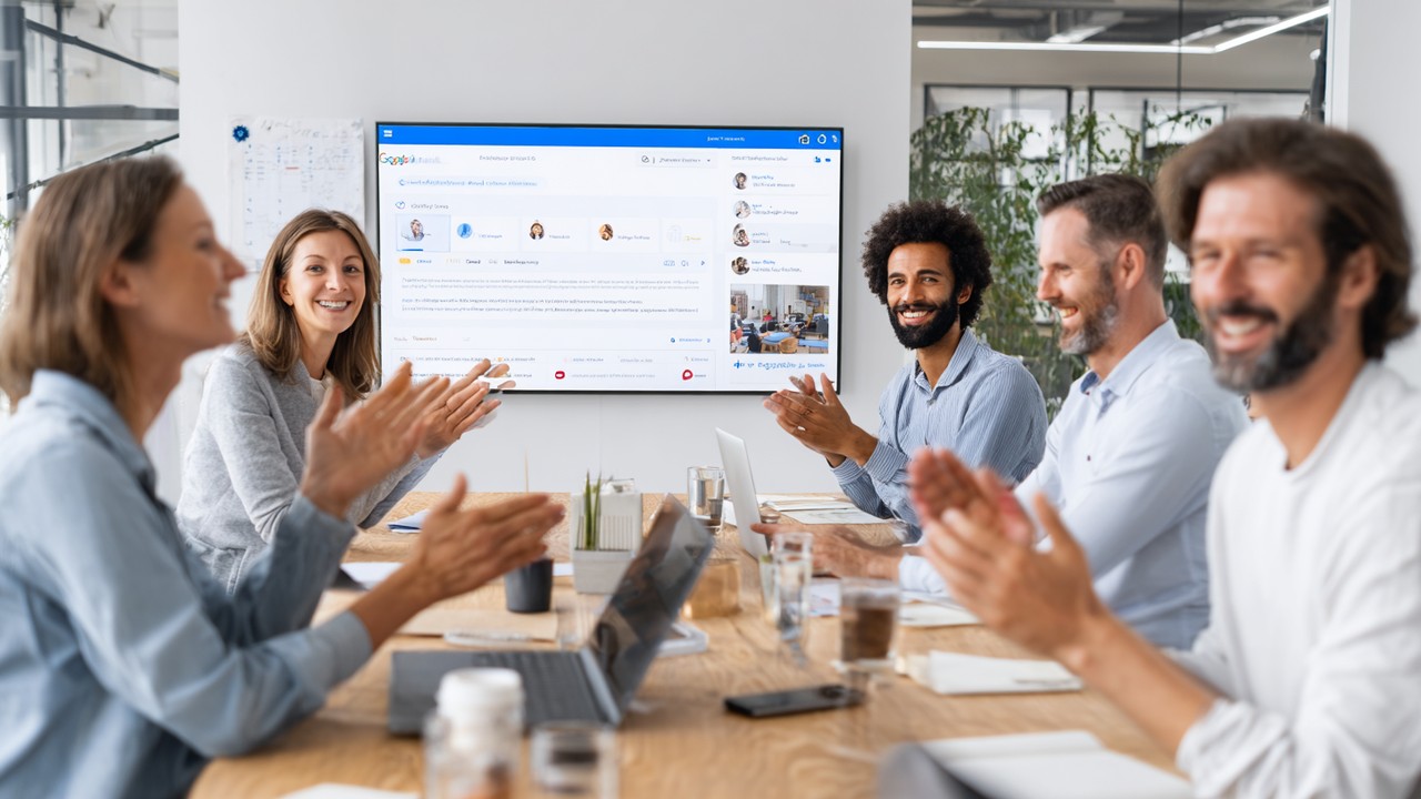 Professional team collaborating in a bright office discussing online reputation management, with a large screen displaying a Google My Business profile interface.