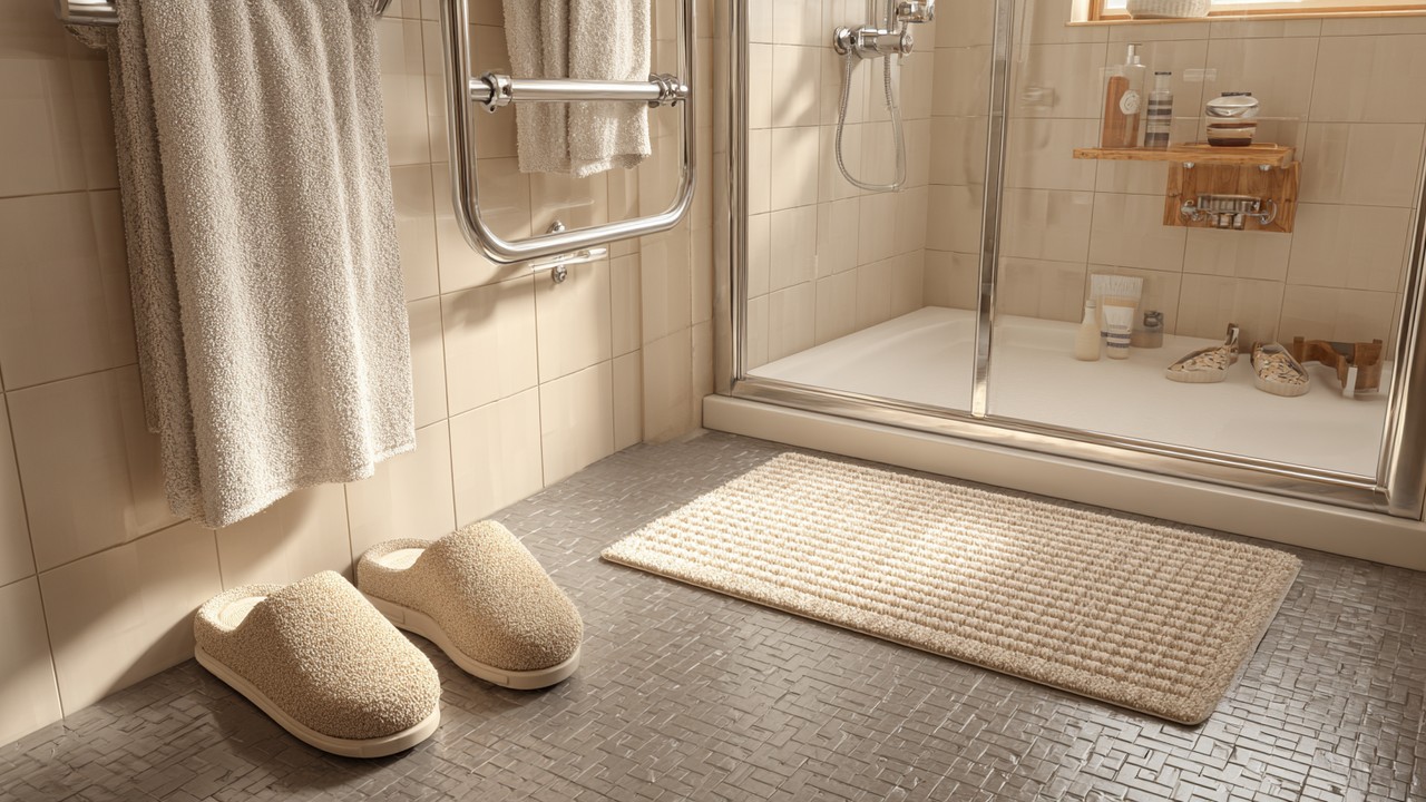 Realistic image of a safe home environment for knee replacement recovery, featuring grab bars, non-slip rugs removed, and supportive footwear near the entrance.