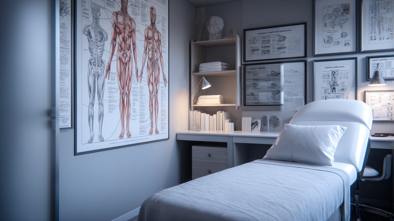 Professzionális orvosi konzultációs szoba részletes anatómiai diagramokkal, kozmetikai kontúrtechnikák bemutatásával, nyugodt klinikai környezetben.