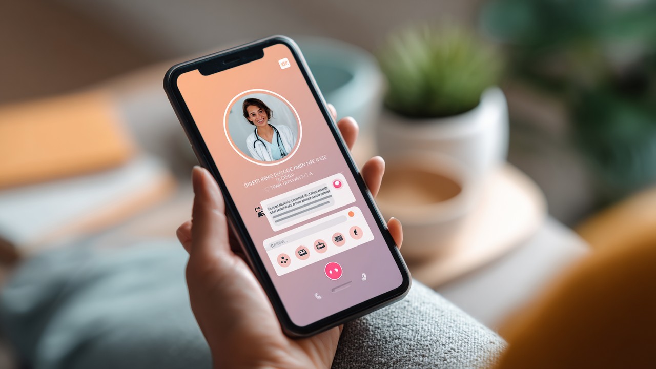 Smartphone screen showing a friendly AI chatbot assisting a diverse patient with medical tourism and personalized healthcare navigation at home.